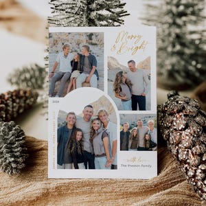 May include: A Christmas card with a collage of family photos. The card has a white background with gold lettering that says "Merry & Bright" and "with love - The Preston Family".