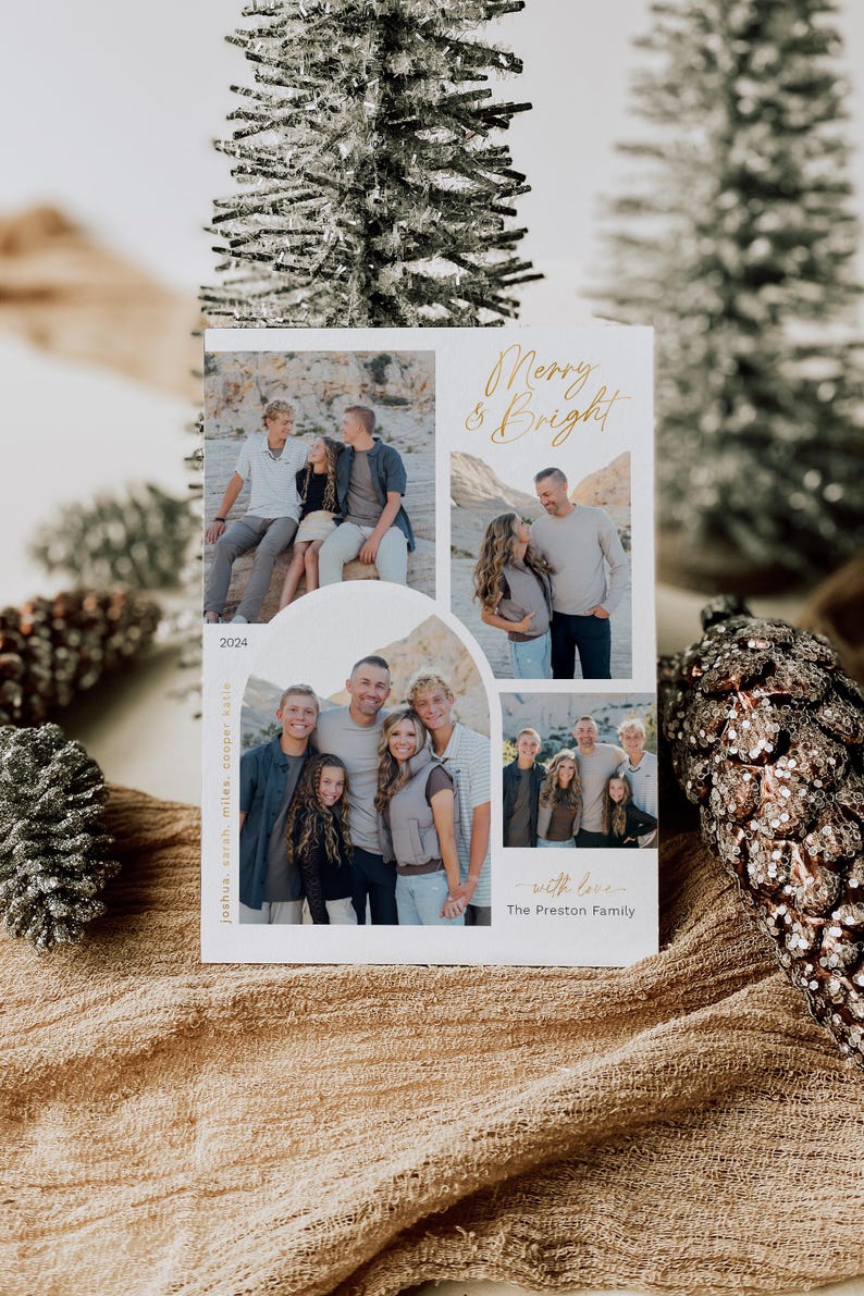 May include: A Christmas card with a collage of family photos. The card has a white background with gold lettering that says "Merry & Bright" and "with love - The Preston Family".