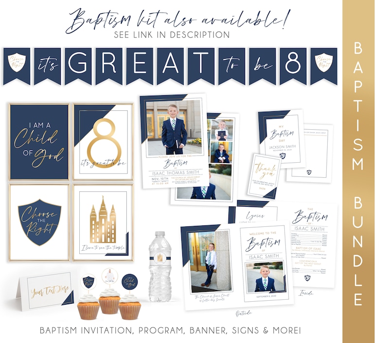 May include: A blue and gold baptism kit with a banner that says "It's Great to be 8". The kit includes an invitation, program, signs, and more.