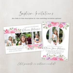 May include: Two baptism invitations featuring pink and purple watercolour floral designs. The invitations include photographs of a young girl and the text "Please join us for the baptism of Olivia Peterson" and "Please join us for the baptism of Olivia Jane Peterson".