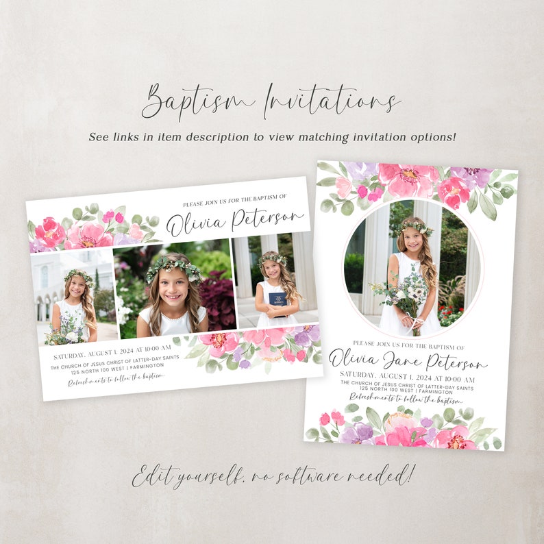 May include: Two baptism invitations featuring pink and purple watercolour floral designs. The invitations include photographs of a young girl and the text "Please join us for the baptism of Olivia Peterson" and "Please join us for the baptism of Olivia Jane Peterson".
