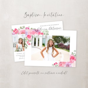May include: A baptism invitation with a watercolor floral design in pink, purple, and green. The invitation features a photo of a young girl in a white dress and a floral crown. The text on the invitation reads "Baptism Invitation" and "Please join us for the baptism of Olivia Deterson".