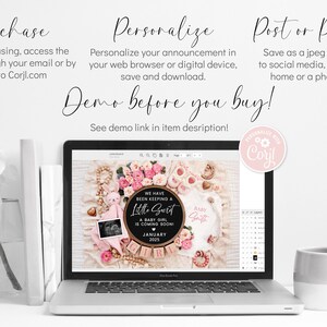 K&ouml;nnte beinhalten: Ein Laptop-Bildschirm zeigt eine digitale Designvorlage f&uuml;r eine Baby-M&auml;dchen-Ank&uuml;ndigung. Das Design zeigt eine Kreidetafel mit dem Text "We have been keeping a little secret. A baby girl is coming soon. January 2025."  Das Design enth&auml;lt auch einen rosa Baby-Strampler, einen rosa Hasen und einen rosa Blumenkranz.