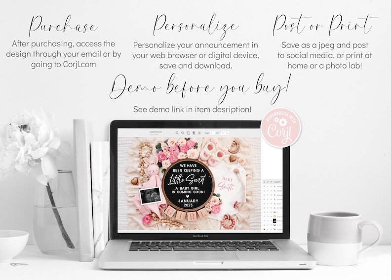 K&ouml;nnte beinhalten: Ein Laptop-Bildschirm zeigt eine digitale Designvorlage f&uuml;r eine Baby-M&auml;dchen-Ank&uuml;ndigung. Das Design zeigt eine Kreidetafel mit dem Text "We have been keeping a little secret. A baby girl is coming soon. January 2025."  Das Design enth&auml;lt auch einen rosa Baby-Strampler, einen rosa Hasen und einen rosa Blumenkranz.