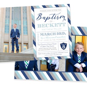 May include: A blue and white striped invitation for a baptism. The invitation includes the name Beckett Matthew Miller, the date March 3rd, 2019, and the time 10:00 AM. The invitation also includes the location of the baptism, The Church of Jesus Christ of Latter-Day Saints, North Canyon Stake Center, 965 Oakwood Drive, Bountiful, Utah. The invitation also includes a photo of the child being baptized.