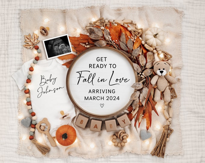 Fall Digital Pregnancy Announcement, Neutral, Social Media, Facebook, Instagram, With Sonogram, Fall Baby Announcement