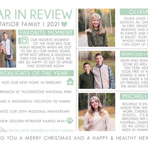 May include: A green and white illustrated card with a family photo and a year in review for the Taylor family. The card includes a list of highlights from the year, including moving into a new home, a family reunion, a vacation to Hawaii, and celebrating a wedding anniversary. The card also includes photos of the family members and their ages.