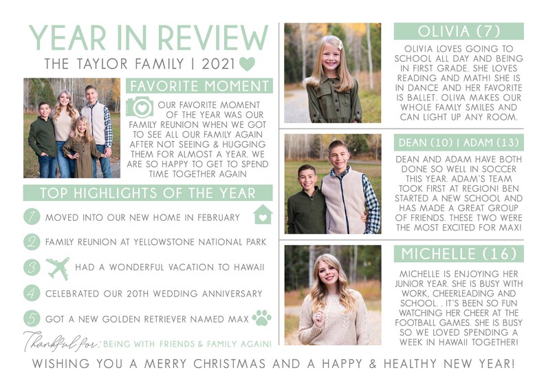 May include: A green and white illustrated card with a family photo and a year in review for the Taylor family. The card includes a list of highlights from the year, including moving into a new home, a family reunion, a vacation to Hawaii, and celebrating a wedding anniversary. The card also includes photos of the family members and their ages.