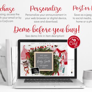 May include: A laptop screen displaying a digital design template for a Christmas baby announcement. The design features a wreath, a baby onesie, a sign that says "We are expecting Baby Smith September 2023", and a sonogram image. The text "Personalize with Corjl" is visible in the corner of the screen.