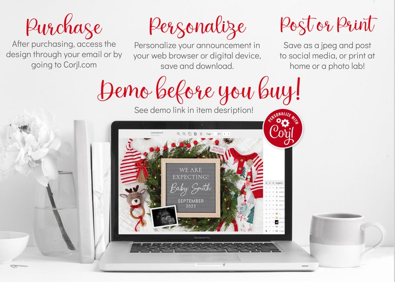 May include: A laptop screen displaying a digital design template for a Christmas baby announcement. The design features a wreath, a baby onesie, a sign that says "We are expecting Baby Smith September 2023", and a sonogram image. The text "Personalize with Corjl" is visible in the corner of the screen.