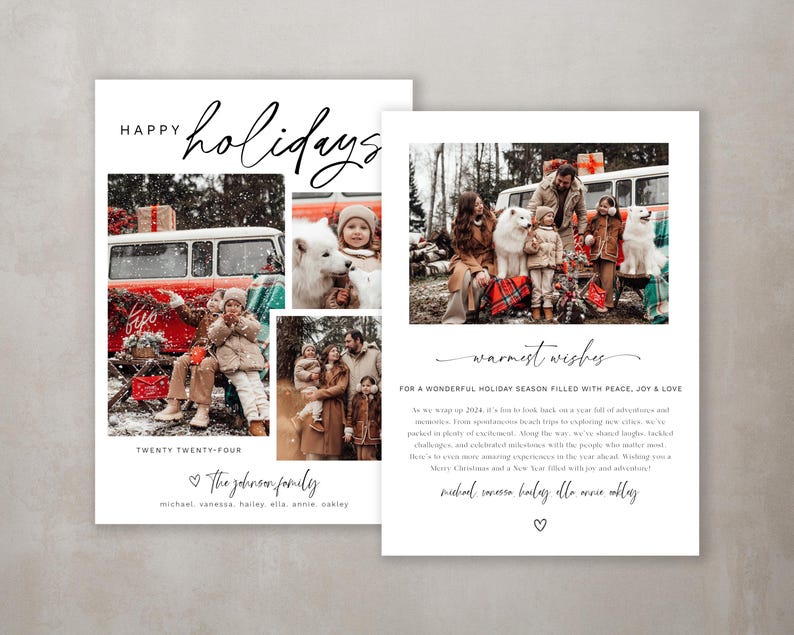 Pu&ograve; includere: Un biglietto di Natale con un collage di foto di una famiglia con un cane bianco in un ambiente invernale innevato. Il biglietto ha il testo "Buon Natale" e "Auguri pi&ugrave; cari" con un messaggio di pace, gioia e amore. Il biglietto include anche il nome della famiglia e l'anno "Venti Ventiquattro".