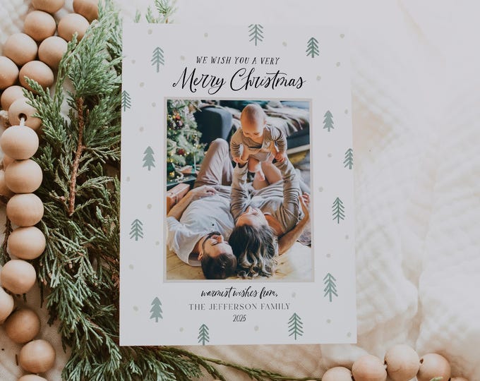 Photo Christmas Card Template: Holiday Trees, Editable Canva (Digital Download)