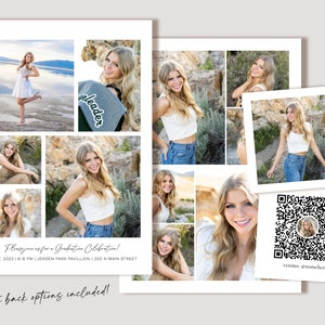 May include: A collage of photos of a young woman in various poses. The photos are arranged in a grid pattern. The text "Please join us for a Graduation Celebration!" is at the bottom of the collage. The text "May 27, 2023 | 6-8 PM | Jensen Park Pavilion | 320 N Main Street" is below the text "Please join us for a Graduation Celebration!" The text "Both back options included!" is at the bottom of the image. A separate image shows a QR code with the text "venmo @namehere" below it.