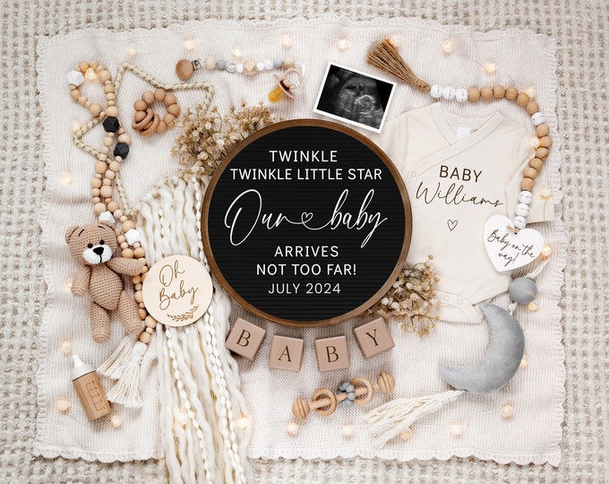 Twinkle Twinkle Little Star Digital Pregnancy Announcement, Neutral, Social Media, Facebook, Instagram, With Sonogram, Boho Baby