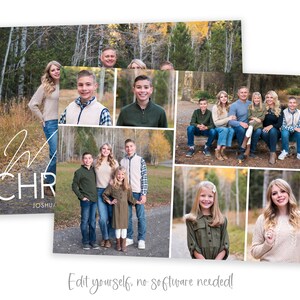 May include: A Christmas card with a collage of photos of a family in a forest setting. The text "Merry Christmas" is written in white script on the card.