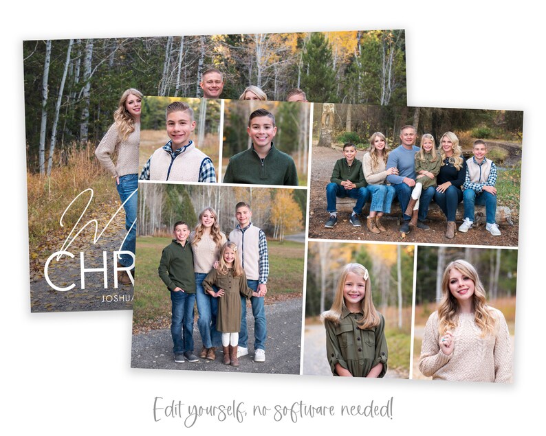 May include: A Christmas card with a collage of photos of a family in a forest setting. The text "Merry Christmas" is written in white script on the card.