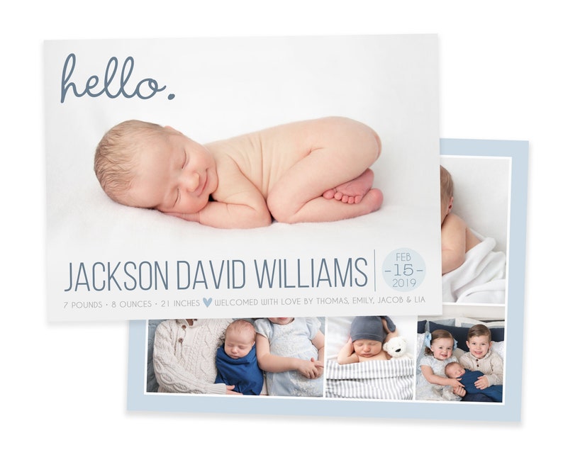 May include: A newborn baby boy named Jackson David Williams, born on February 15, 2019, weighing 7 pounds and 8 ounces, and measuring 21 inches long. The baby is sleeping peacefully in a white blanket. The image also includes photos of the baby with his family.