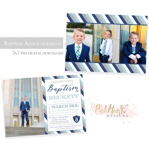 May include: A blue and gray striped background with a photo of a young boy in a suit and tie. The text "Baptism of Beckett Matthew Miller" is on a white background with a blue and gray striped border. The text "March 3rd, Two Thousand Nineteen at 10:00 in the Morning" is below the name. The text "The Church of Jesus Christ of Latter-Day Saints North Canyon Stake Center 943 Omwoood Drive, Soundra, Utah 84070" is below the date and time. The text "Open house to follow the baptism or Beckett's house 1234 N Street, Bountiful, Utah" is below the church information. The text "Pink Heart Designs" is in pink and gold with a pink and gold heart.