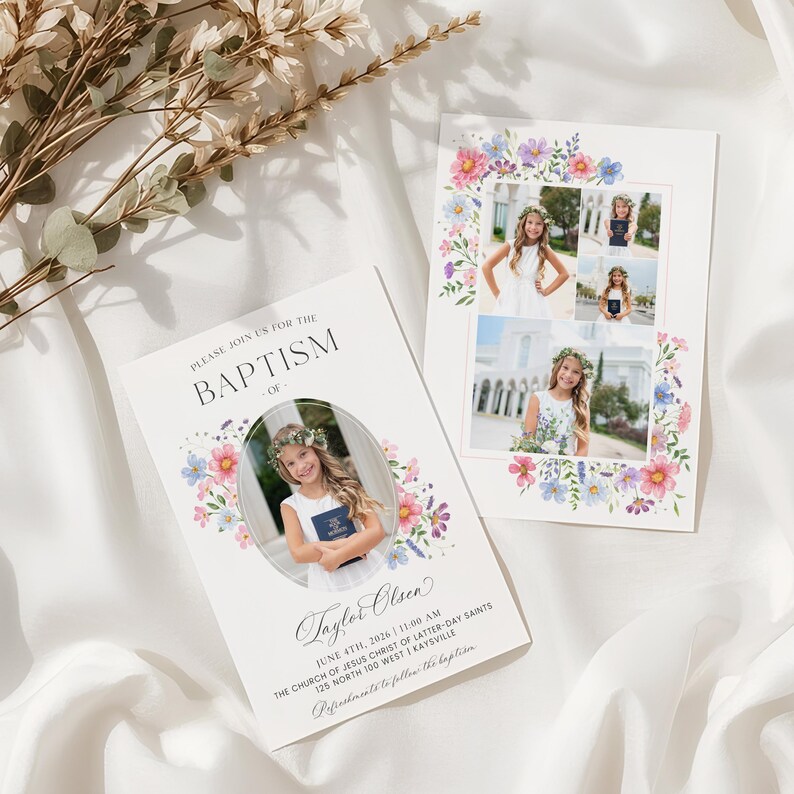 Floral LDS Baptism Invitation Template | Editable Girl Baptism Invite (Instant Download) image 2