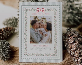 Vintage Christmas Photo Card Template, Scalloped Botanical Holiday Card, Sage Stripes, Red Bow, Editable Canva