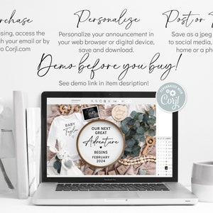 May include: A laptop screen displaying a digital design template for a baby announcement. The design features a white onesie with the text "Baby Taylor", a wooden sign with the text "Our Next Great Adventure Begins February 2024", and a variety of other baby-related items. The text "Demo before you buy!" is displayed above the laptop screen.