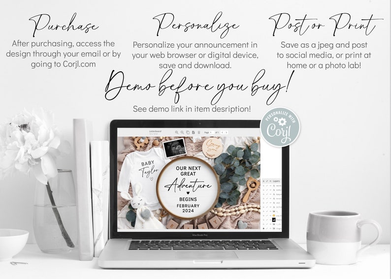 May include: A laptop screen displaying a digital design template for a baby announcement. The design features a white onesie with the text "Baby Taylor", a wooden sign with the text "Our Next Great Adventure Begins February 2024", and a variety of other baby-related items. The text "Demo before you buy!" is displayed above the laptop screen.