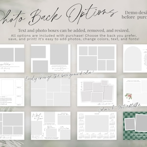 May include: A set of printable photo back templates for a scrapbook or photo album. The templates feature different layouts with photo boxes, text boxes, and a calendar. The text on the image reads "Photo Back Options", "Demo designs before purchase!" and "Easily change the background color!"