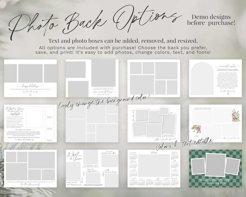 May include: A set of printable photo back templates for a scrapbook or photo album. The templates feature different layouts with photo boxes, text boxes, and a calendar. The text on the image reads "Photo Back Options", "Demo designs before purchase!" and "Easily change the background color!"
