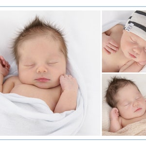 May include: A collage of three images featuring sleeping newborns. The first image shows a baby wrapped in a white blanket, the second image shows a baby wearing a striped hat, and the third image shows a baby wrapped in a beige blanket.