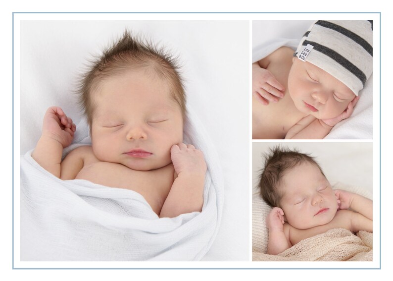 May include: A collage of three images featuring sleeping newborns. The first image shows a baby wrapped in a white blanket, the second image shows a baby wearing a striped hat, and the third image shows a baby wrapped in a beige blanket.