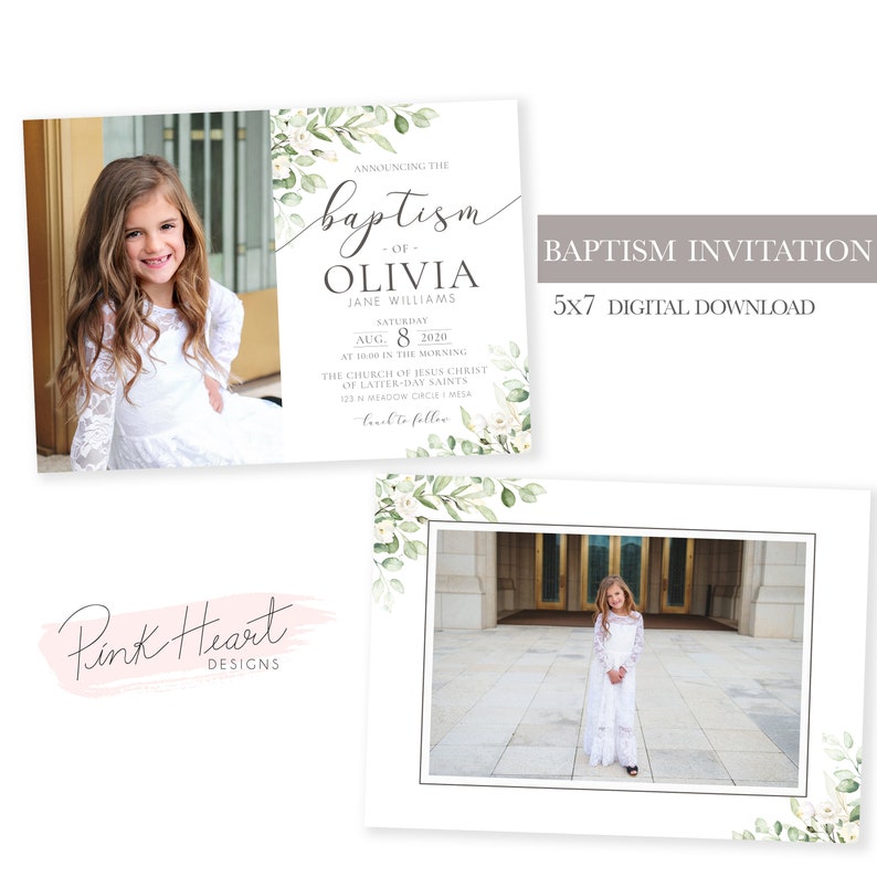 May include: A baptism invitation with a watercolor floral design. The invitation features a photo of a young girl in a white dress and the text "Announcing the baptism of Olivia Jane Williams, Saturday, Aug. 8, 2020, at 19:00 in the morning, The Church of Jesus Christ of Latter-day Saints, 123 N Meadow Circle, Mesa, RSVP to follow".