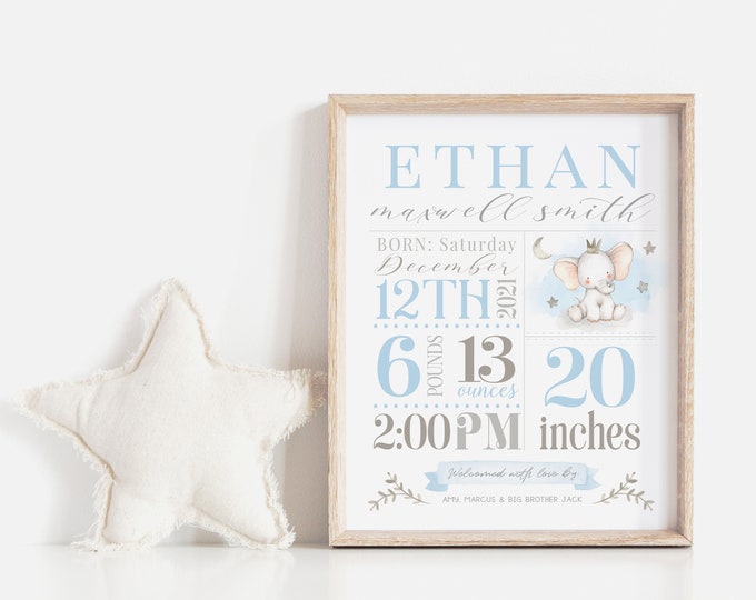 Boy Baby Stats Sign | Nursery Stats Wall Art | Birth Announcement Print | Nursery Decor | Elephant Printable | Personalized Baby Gift