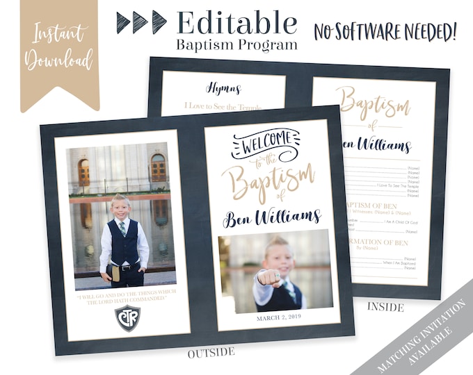 Boy Baptism Program - LDS Baptism Program - Editable Boy Program Instant Download - Photo Program - Boy Baptism Program Template - Corjl