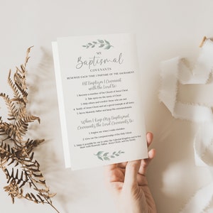 May include: A printable card with a watercolour floral design and text that reads "My Baptismal Covenants." The text describes the covenants made at baptism and the covenants God makes in return.