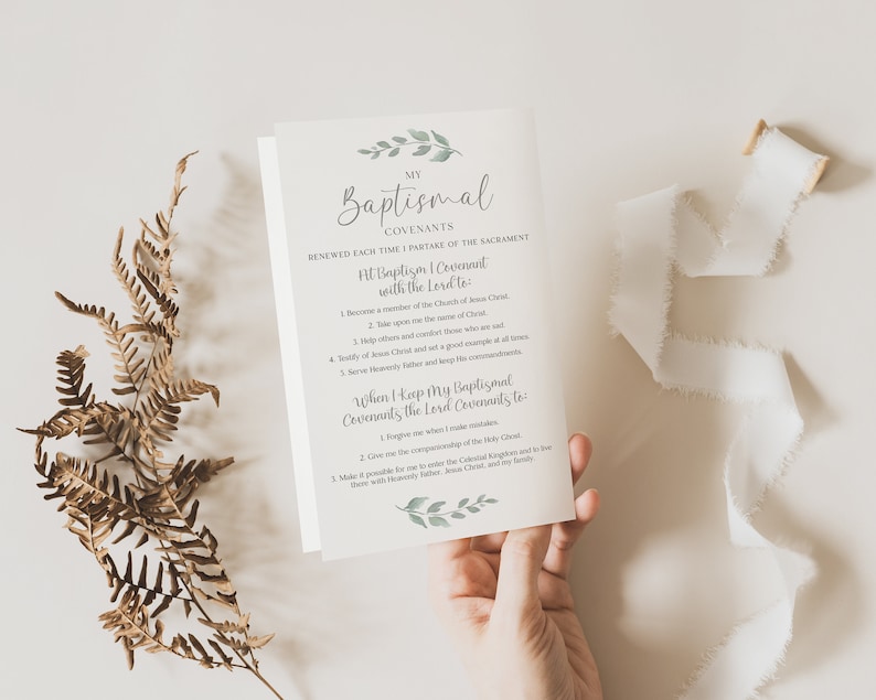 May include: A printable card with a watercolour floral design and text that reads "My Baptismal Covenants." The text describes the covenants made at baptism and the covenants God makes in return.