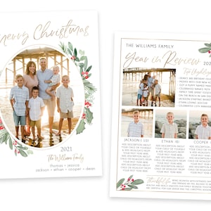 Puede incluir: Una tarjeta de Navidad con una foto familiar de cinco personas de pie en una playa. La tarjeta tiene un dise&ntilde;o de corona verde y roja con el texto "Feliz Navidad" y "The Williams Family" en letras doradas. La tarjeta tambi&eacute;n incluye una secci&oacute;n de resumen del a&ntilde;o con los aspectos m&aacute;s destacados del a&ntilde;o de la familia.