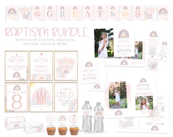 LDS Rainbow Baptism Bundle Girl: Invitation, Program, Decorations (Printable)