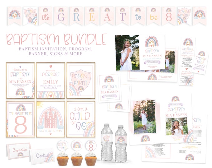 LDS Baptism Bundle Girl | LDS Rainbow Baptism Invitation Girl | Baptism Decorations | Editable Baptism Program | Baptism Printable | Corjl