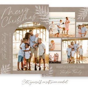 May include: A Christmas card featuring a collage of photos of a family on a beach. The card has a beige background with white floral accents and the text "Merry Christmas" and "The Loox Family".