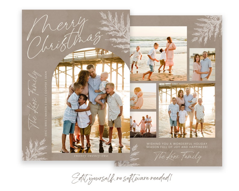 May include: A Christmas card featuring a collage of photos of a family on a beach. The card has a beige background with white floral accents and the text "Merry Christmas" and "The Loox Family".
