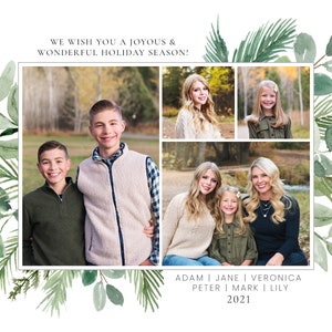 May include: A collage of family photos featuring a group of people in a wooded area. The photos are arranged in a grid pattern with a white border. The text "WE WISH YOU A JOYOUS & WONDERFUL HOLIDAY SEASON!" is at the top of the collage. The text "ADAM | JANE | VERONICA PETER | MARK | LILY 2021" is at the bottom of the collage.