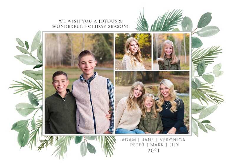 May include: A collage of family photos featuring a group of people in a wooded area. The photos are arranged in a grid pattern with a white border. The text "WE WISH YOU A JOYOUS & WONDERFUL HOLIDAY SEASON!" is at the top of the collage. The text "ADAM | JANE | VERONICA PETER | MARK | LILY 2021" is at the bottom of the collage.