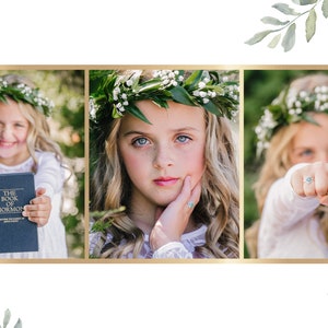 Puede incluir: Una ni&ntilde;a peque&ntilde;a con un vestido blanco y una corona de flores sostiene un libro titulado "El Libro de Morm&oacute;n". En otra imagen, mira a la c&aacute;mara con la mano en la mejilla. En la tercera imagen, extiende la mano con un anillo en el dedo.