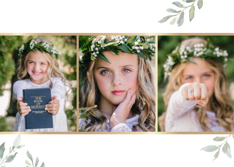 Puede incluir: Una ni&ntilde;a peque&ntilde;a con un vestido blanco y una corona de flores sostiene un libro titulado "El Libro de Morm&oacute;n". En otra imagen, mira a la c&aacute;mara con la mano en la mejilla. En la tercera imagen, extiende la mano con un anillo en el dedo.