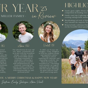 May include: A family portrait with a green background. The family is standing in a field with mountains in the background. The text "OUR YEAR '23 - THE MILLER FAMILY - in Review" is at the top of the image. The text "HIGHLIGHTS" is at the top right of the image. The text "WISHING YOU A MERRY CHRISTMAS & HAPPY NEW YEAR! Joshua, Emily, Jackson, Adam, Violet" is at the bottom of the image.