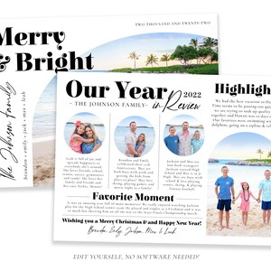 Puede incluir: Una tarjeta de Navidad con una foto de familia y el texto "Merry & Bright" y "The Johnson Family" en negrita negra. La tarjeta tambi&eacute;n incluye un collage de fotos de la familia a lo largo del a&ntilde;o con momentos destacados, incluyendo un viaje a Haw&aacute;i. La tarjeta est&aacute; decorada con un esquema de color festivo rojo y verde.