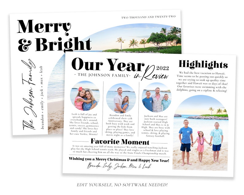 Puede incluir: Una tarjeta de Navidad con una foto de familia y el texto "Merry & Bright" y "The Johnson Family" en negrita negra. La tarjeta tambi&eacute;n incluye un collage de fotos de la familia a lo largo del a&ntilde;o con momentos destacados, incluyendo un viaje a Haw&aacute;i. La tarjeta est&aacute; decorada con un esquema de color festivo rojo y verde.