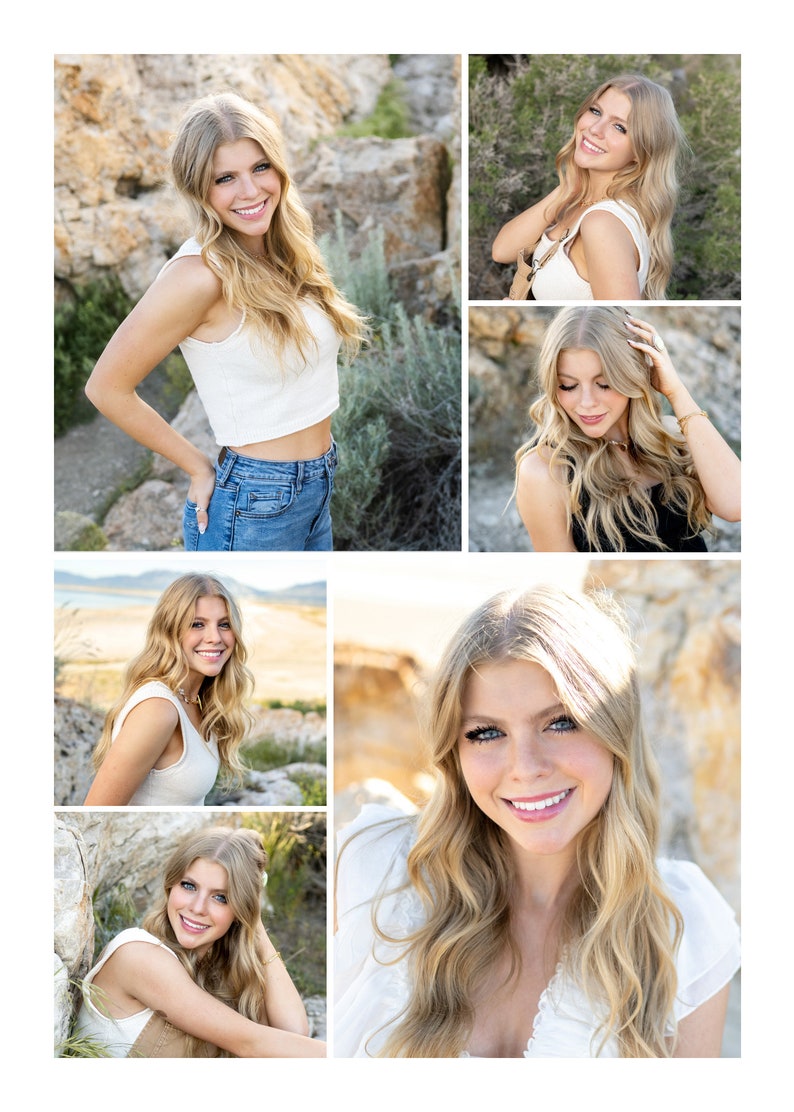 May include: A collage of photos featuring a young woman with long blonde hair. She is wearing a variety of outfits, including a white tank top, a white crop top, and a white dress. The photos are taken in a variety of outdoor settings, including a rocky landscape and a beach.