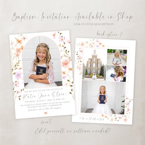 May include: A baptism invitation with a floral border and a photo of a young girl holding a book. The text on the invitation reads "Please join us for the baptism of Katie Jane Olsen, Saturday, August 1, 2024 at 10:00 AM, The Church of Jesus Christ of Latter-day Saints, 125 North 100 West | Farmington, Refreshments to follow the baptism."