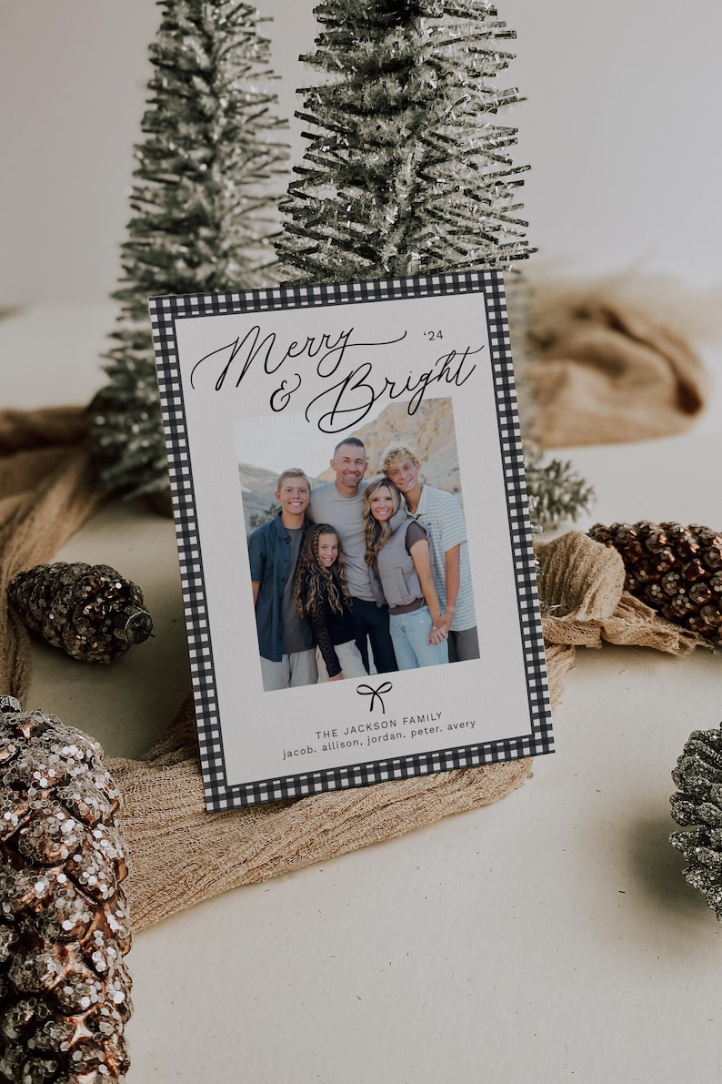 May include: A black and white checkered Christmas card with the text "Merry & Bright '24" and a photo of a family of five. The text "THE JACKSON FAMILY jacob. allison, jordan, peter. avery" is printed below the photo.